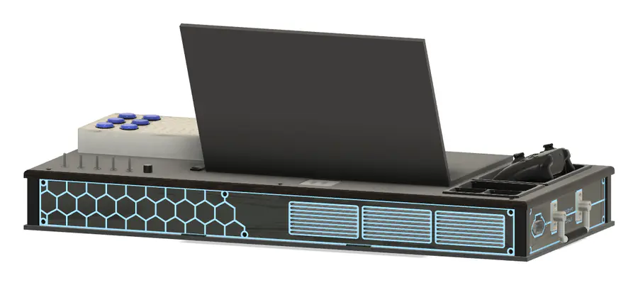 Fusion 360 render of the console from the back, showing the fan vents