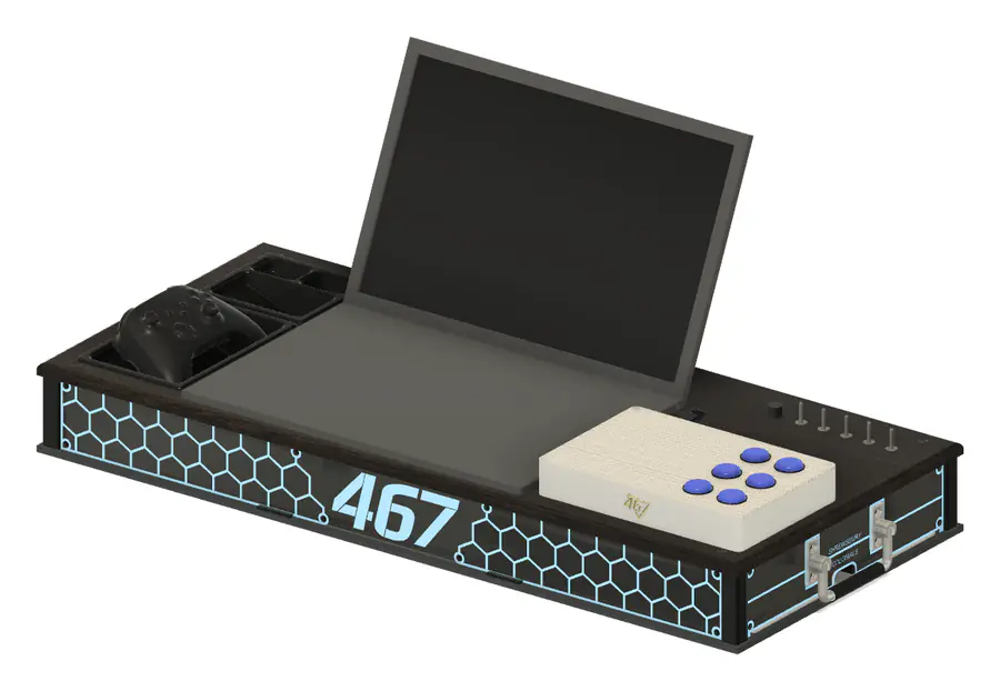 Fusion 360 render of the console holding a laptop, with a controller tray and an operator button box