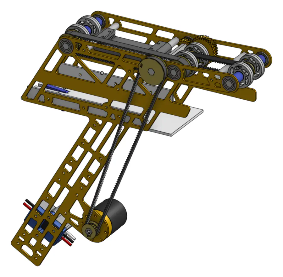CAD model of the end effector with its belts, rollers, and motor