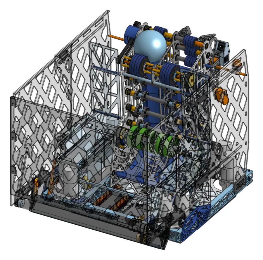 CAD model of the V1 robot, with clear polycarbonate side panels and the shooter at the top