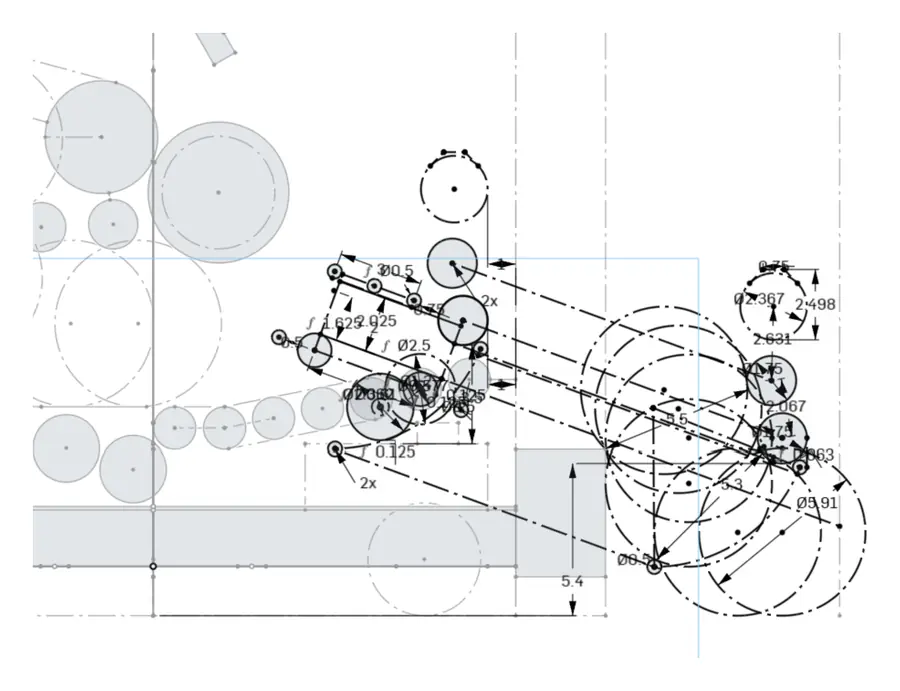 Dimensioned 2D master sketch laying out the V2 intake geometry